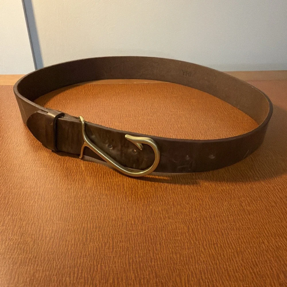 Leather Brass Fish Hook Belt Measures 38
